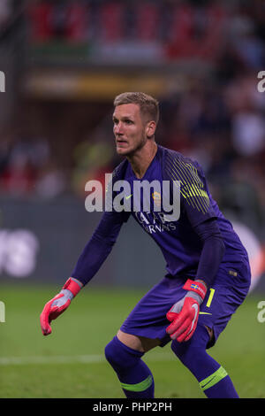 Mailand, Italien. 31 Aug, 2018. Robin Patrick Olsen (Roma) während Erie der Italienischen eine "Übereinstimmung zwischen Mailand 2-1 Roma auf Giuseppe Meazza Stadion am 31. August 2018 in Mailand, Italien. Credit: Maurizio Borsari/LBA/Alamy Leben Nachrichten Quelle: Lba Co.Ltd./Alamy leben Nachrichten Stockfoto