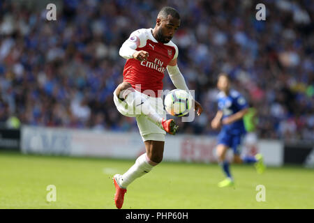 Cardiff, Großbritannien. 02 Sep, 2018. Alexandre Lacazette von Arsenal in Aktion. Premier League match, Cardiff City v Arsenal an der Cardiff City Stadion am Sonntag, den 2. September 2018. Dieses Bild dürfen nur für redaktionelle Zwecke verwendet werden. Nur die redaktionelle Nutzung, eine Lizenz für die gewerbliche Nutzung erforderlich. Keine Verwendung in Wetten, Spiele oder einer einzelnen Verein/Liga/player Publikationen. pic von Andrew Obstgarten/Andrew Orchard sport Fotografie/Alamy Live news Credit: Andrew Orchard sport Fotografie/Alamy leben Nachrichten Stockfoto