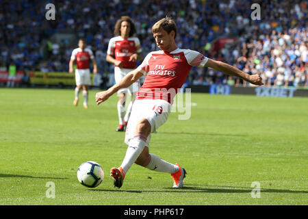 Cardiff, Großbritannien. 02 Sep, 2018. Nacho Monreal von Arsenal in Aktion. Premier League match, Cardiff City v Arsenal an der Cardiff City Stadion am Sonntag, den 2. September 2018. Dieses Bild dürfen nur für redaktionelle Zwecke verwendet werden. Nur die redaktionelle Nutzung, eine Lizenz für die gewerbliche Nutzung erforderlich. Keine Verwendung in Wetten, Spiele oder einer einzelnen Verein/Liga/player Publikationen. pic von Andrew Obstgarten/Andrew Orchard sport Fotografie/Alamy Live news Credit: Andrew Orchard sport Fotografie/Alamy leben Nachrichten Stockfoto