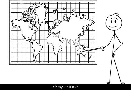 Cartoon des Menschen zeigen auf Australien Kontinent auf der Weltkarte an der Wand Stock Vektor