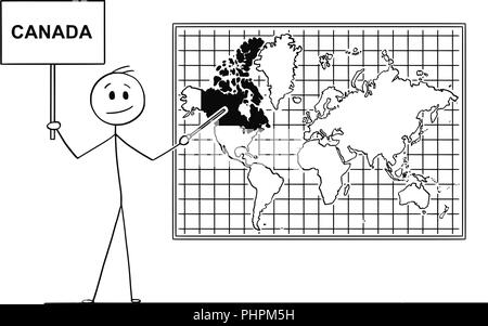 Cartoon von Mann mit Zeichen und zeigen auf Kanada an der Wall Welt Karte Stock Vektor