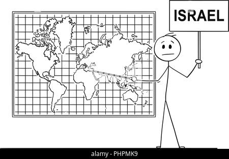 Cartoon des Menschen zeigen auf Staat Israel an der Wall Welt Karte Stock Vektor