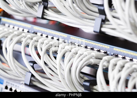 Gigabit Netzwerk Switch und perfekt ausgerichtet Patchkabel im Rechenzentrum Stockfoto