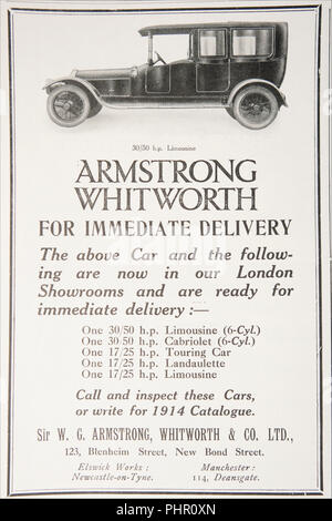 Eine Anzeige für Armstrong Whitworth Autos aus einer alten Zeitschrift aus der Zeit von 1914-1918. England UK GB Stockfoto