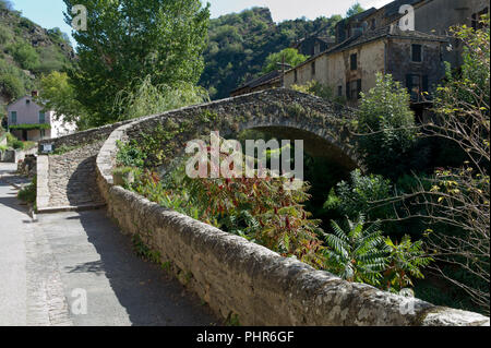 Die gotische Brücke über den Fluss Alrance Brousse-le-Château, Aveyron, Royal, Frankreich, Europa Stockfoto