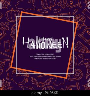 Halloween in Orange outline Random auf lila Hintergrund mit Rahmen und Raum für Text. Hintergrund oder Plakatgestaltung für Halloween Event im Vektor Stock Vektor