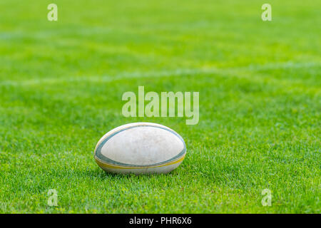 Rugby Ball am grünen Gras. Foto bei Rugby-spiel. Stockfoto