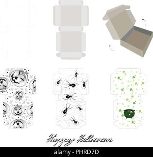 Die Cut Vorlage Muster der Takeaway Karton Mock Up für Package Design mit Jack-o-Lantern Kürbisse, bösen Spinnen und Hexe Gift Topf für Hallowe Stock Vektor