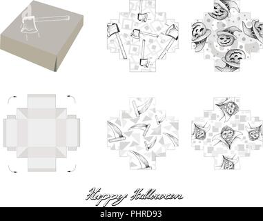 Die Cut Vorlage Muster der Takeaway Karton Mock Up für Package Design mit Jack-o-Lantern Kürbisse, Vampire und Elemente für Halloween Feier P Stock Vektor