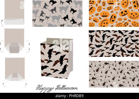 Abbildung von Happy Jack-o-Lantern Kürbisse und Übel Hintergrund mit Papiertüte Mock Up, Package Design für Halloween Feier Party. Stock Vektor