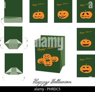 Abbildung von Happy Jack-o-Lantern Kürbisse und Übel Papiertüte Mock Up, Package Design für Halloween Feier Party. Stock Vektor