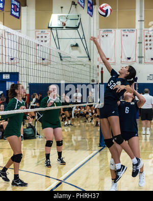 Mittlerer Blocker für Neuling West Ranch's High School - sophomore volleyball Team mal Ihr jump Ball hoch in die Luft, als Verteidigung der Moorpark zu schlagen sucht Stockfoto