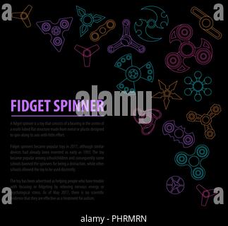 Hand Spinner. Fidget Spielzeug verstärkt in den Vordergrund, Stress Relief. Infografik Design mit Symbolen. Vector Illustration Stock Vektor