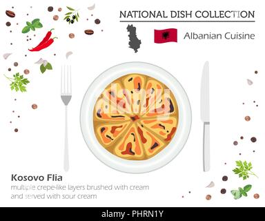 Albanische Küche. Europäische Nationalgericht Sammlung. Kosovo flia isoliert auf weißem Infografik. Vector Illustration Stock Vektor