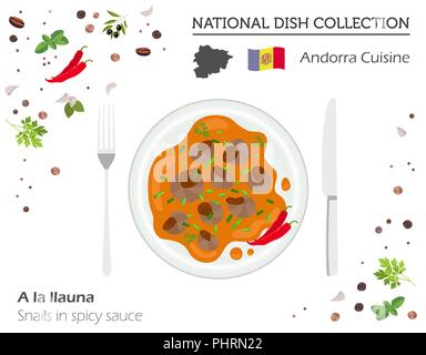 Andorra Küche. Europäische Nationalgericht Sammlung. Schnecken in pikanter Sauce isoliert auf Weiss, Infografik. Vector Illustration Stock Vektor