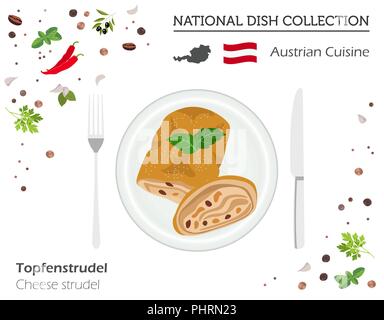 Österreichische Küche. Europäische Nationalgericht Sammlung. Käse Strudel isoliert auf weißem Infografik. Vector Illustration Stock Vektor