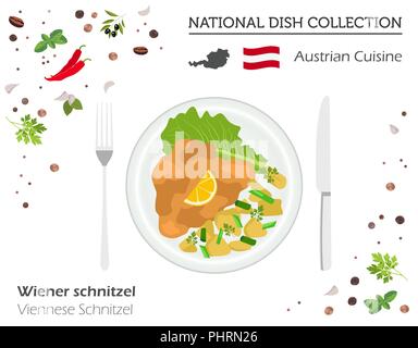 Österreichische Küche. Europäische Nationalgericht Sammlung. Wiener Schnitzel isoliert auf weißem Infografik. Vector Illustration Stock Vektor