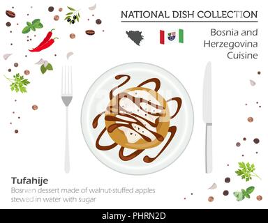 Bosnien und Herzegowina Küche. Europäische Nationalgericht Sammlung. Bosnische Walnuß - gefüllte Äpfel Dessert isoliert auf Weiss, infograpic. Vektor illustr Stock Vektor