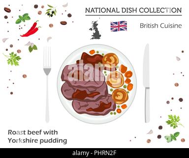 Britische Küche. Europäische Nationalgericht Sammlung. Roastbeef mit Yorkshire Pudding isoliert auf Weiss, Infografik. Vector Illustration Stock Vektor
