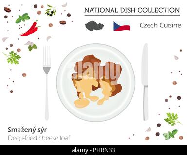 Tschechische Küche. Europäische Nationalgericht Sammlung. Frittierte Käse Brot isoliert auf Weiss, Infografik. Vector Illustration Stock Vektor