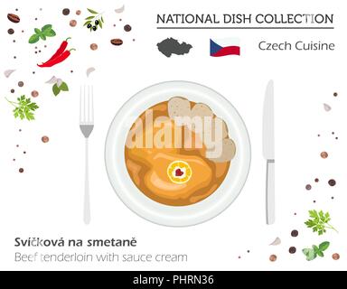 Tschechische Küche. Europäische Nationalgericht Sammlung. Rinderfilet mit Soße Creme isoliert auf Weiss, Infografik. Vector Illustration Stock Vektor