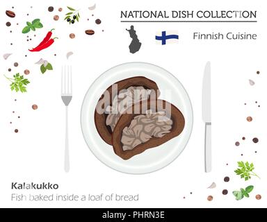 Finnische Küche. Europäische Nationalgericht Sammlung. Fisch gebacken innerhalb ein Laib Brot isoliert auf Weiss, Infografik. Vector Illustration Stock Vektor