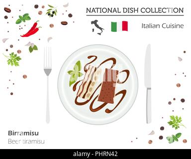 Italienische Küche. Europäische Nationalgericht Sammlung. Bier tiramisu isoliert auf Weiss, Infografik. Vector Illustration Stock Vektor