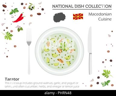 Mazedonien Küche. Europäische Nationalgericht Sammlung. Mazedonische kalte Suppe tarator isoliert auf Weiss, Infografik. Vector Illustration Stock Vektor