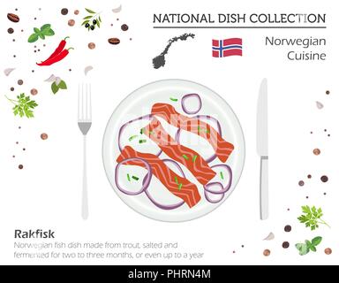 Norwegische Küche. Europäische Nationalgericht Sammlung. Rakfisk isoliert auf Weiss, Infografik. Vector Illustration Stock Vektor