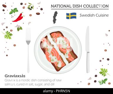 Schweden Küche. Europäische Nationalgericht Sammlung. Roher Lachs sandwich isoliert auf Weiss, Infografik. Vector Illustration Stock Vektor