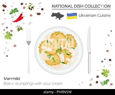 Ukrainische Knödel mit saurer Sahne. Europäische Nationalgericht Sammlung isoliert auf Weiss, Infografik. Vector Illustration Stock Vektor