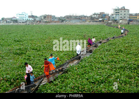 Dhaka, Bangladesch - 17. August 2008: Boote auf dem Fluss Buriganga Band eine behelfsmäßige Brücke zu bilden, wie Wasserhyazinthen Bewegung der Boote behindern Stockfoto