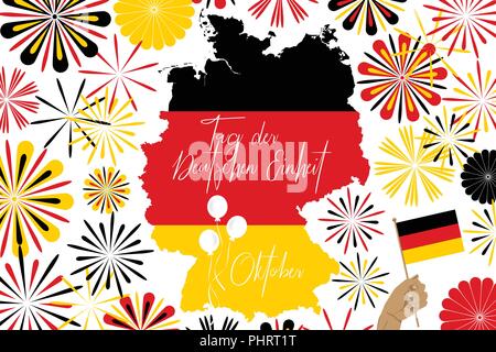 Konzept Bild von Deutschland Karte und abstarct Feuerwerk und 'Tag der Deutschen Einheit" Text in deutsche Sprache Stock Vektor