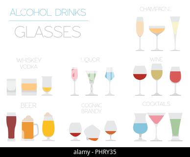 Alkohol Gläser flachbild Icon Set. Verschiedene alkoholische Getränke. Vector Illustration Stock Vektor