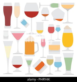 Alkohol Gläser flachbild Icon Set. Verschiedene alkoholische Getränke. Vector Illustration Stock Vektor