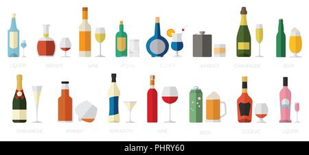 Alkohol Gläser und Flaschen flachbild Icon Set. Verschiedene alkoholische Getränke. Vector Illustration Stock Vektor