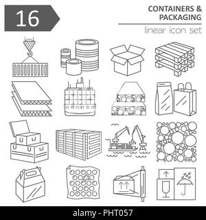 Container und Verpackungen Icon Set. Thin Line Design isoliert auf Weiss. Ihre industriellen Infografiken Sammlung erstellen. Vector Illustration Stock Vektor