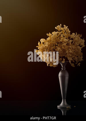 Getrocknete Hortensien Blumen in einer Vase, Erinnerung oder Speicherkonzept. Nostalgische Zeit vorbei. Stockfoto