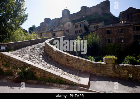 Die gotische Brücke über den Fluss Alrance Brousse-le-Château, Aveyron, Royal, Frankreich, Europa Stockfoto