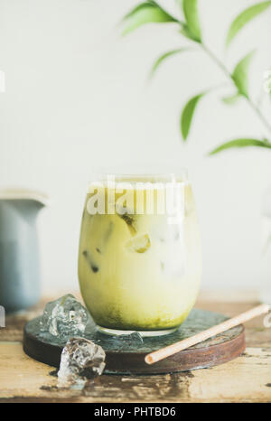 Iced Matcha Latte trinken in Glas, weiße Wand und die Zweige am Hintergrund, Kopieren, close-up. Sommer erfrischende Getränke kalte Getränke Stockfoto