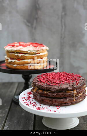 Chocolate Layered Sponge und Erdbeere und Sahne 2-in-1-Schwamm. Stockfoto