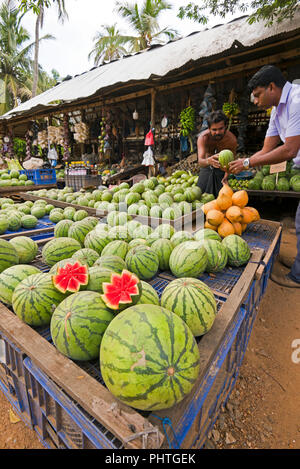 Vertikale Ansicht von einem Straßenrand stall Verkauf von Wassermelonen in Sri Lanka. Stockfoto