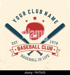 Baseball club Abzeichen. Vector Illustration. Konzept für Hemd oder Logo, Print, Stempel oder T-Stück. Vintage Typografie Design mit Baseballschläger und helment Silhouette. Stock Vektor