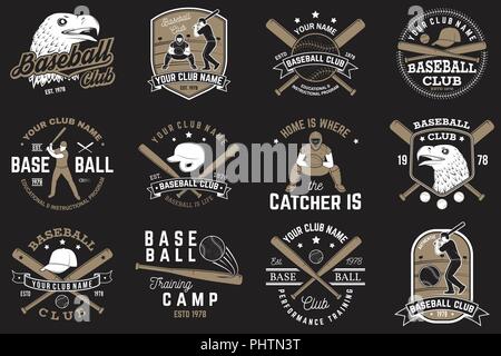 Satz von Baseball oder Softball club Abzeichen. Vektor Illustrator. Konzept für Hemd oder Logo, Print, Stempel oder T-Stück. Vintage Design mit Baseballschläger, Catcher, Adler und Ball für Baseball Silhouette. Stock Vektor