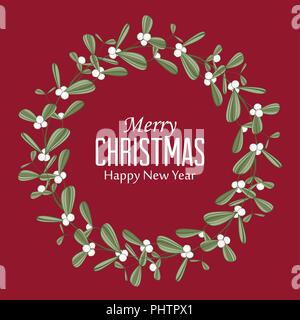 Vector Illustration von Weihnachten Kranz mit Niederlassungen und Mistel. Frohe Weihnachten Grußkarte Stock Vektor