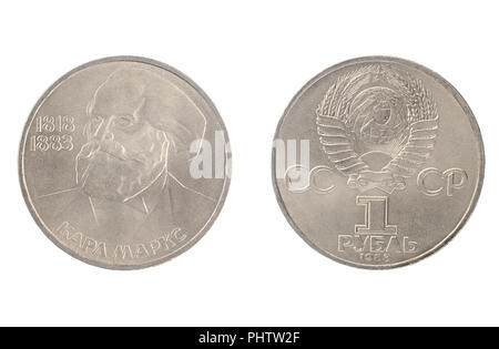 Satz von gedenkmünzen UDSSR Münze, den Nennwert von 1 Rubel. aus dem Jahre 1983, zeigt ein Porträt von Karl Marx (1818-1883), deutscher politischer Philosoph ein Stockfoto