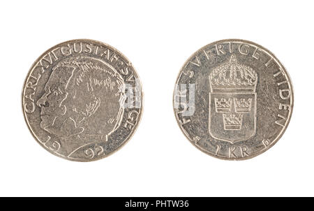 Satz von gedenkmünzen die schwedische Münze, den Nennwert von 1 Kronen, von 1992, zeigt ein Porträt Carl XVI. Gustaf. König von Schweden. Auf weiß Ba isolieren Stockfoto