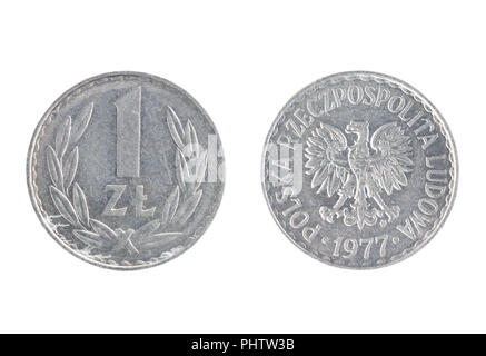 Satz von gedenkmünzen die Polen Münze, den Nennwert von 1 Zloty von 1977. Auf weissem Hintergrund isolieren Stockfoto