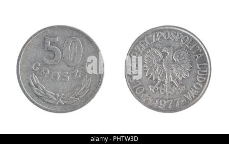 Satz von gedenkmünzen die Polen Münze, den Nennwert von 50 Groszy von 1977. Auf weissem Hintergrund isolieren Stockfoto