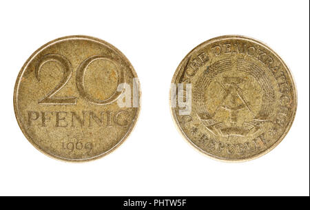 Satz von gedenkmünzen der Ddr Münze, den Nennwert von 20 Pfennig, von 1969. Auf weissem Hintergrund isolieren Stockfoto